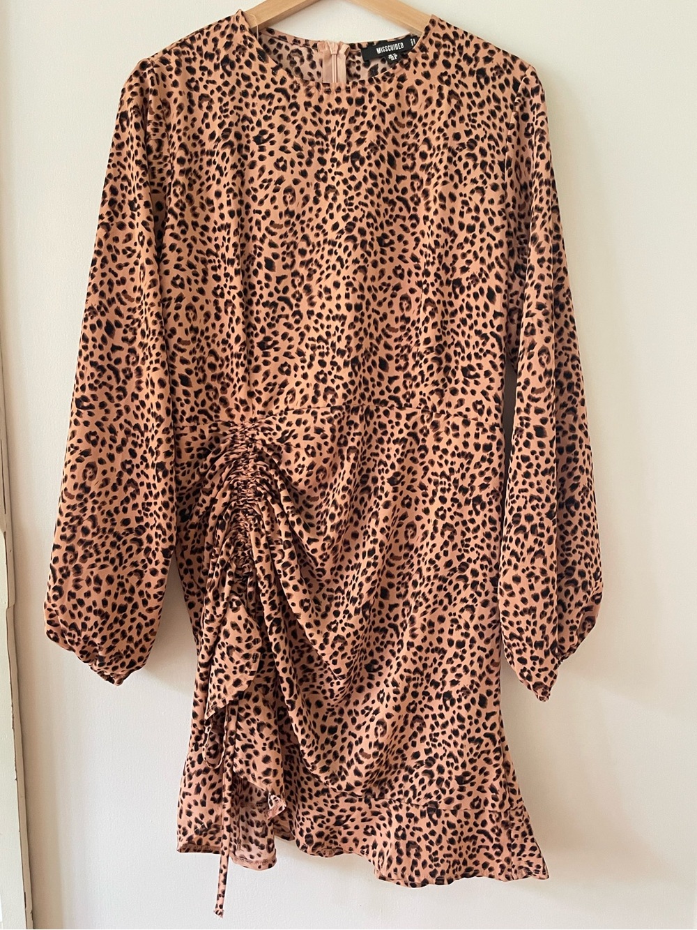 Missguided Leopard-Print Ruched Long-Sleeve Mini Dress in Tan and Black